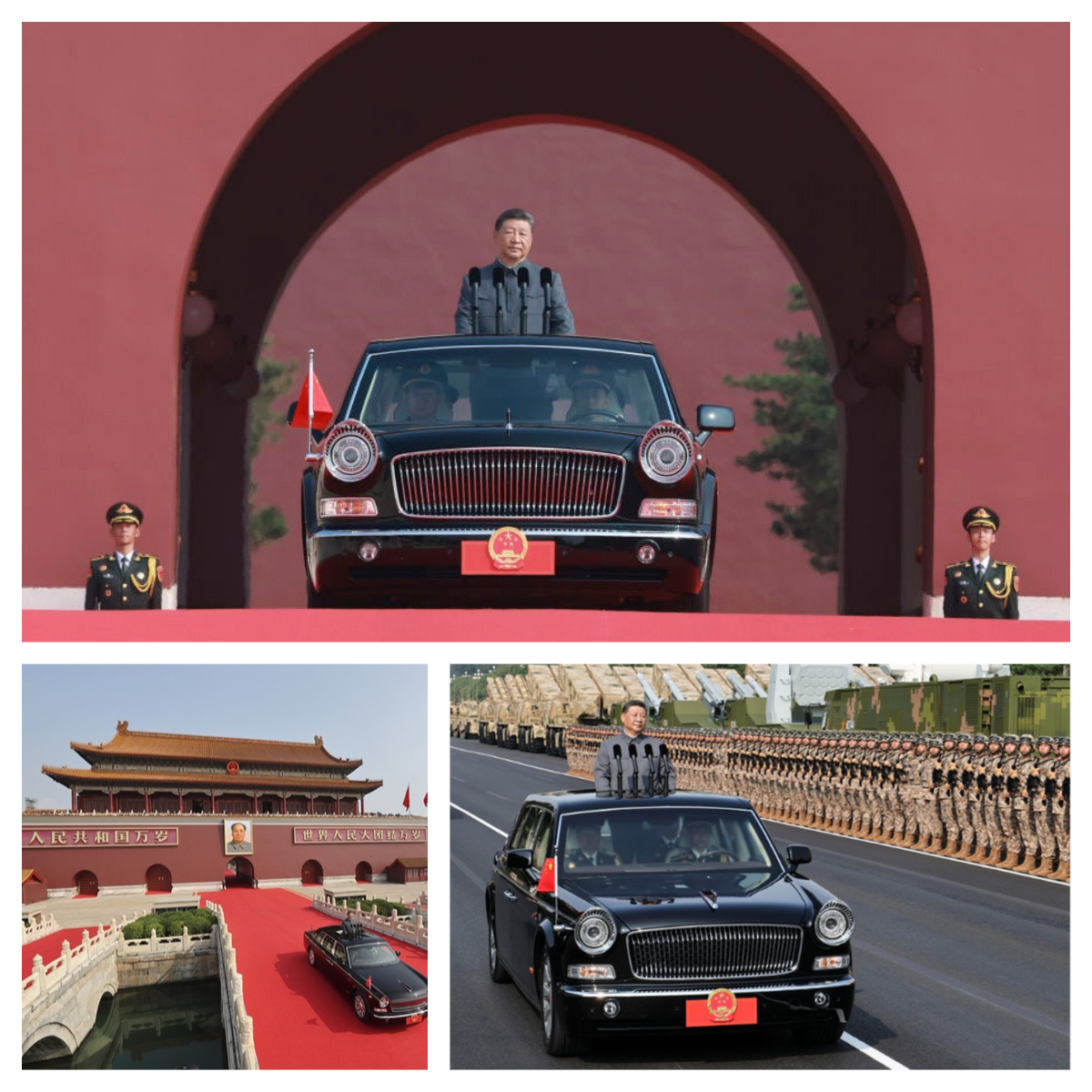 习主席身着中山装,乘坐红旗检阅车缓缓驶出天安门城楼